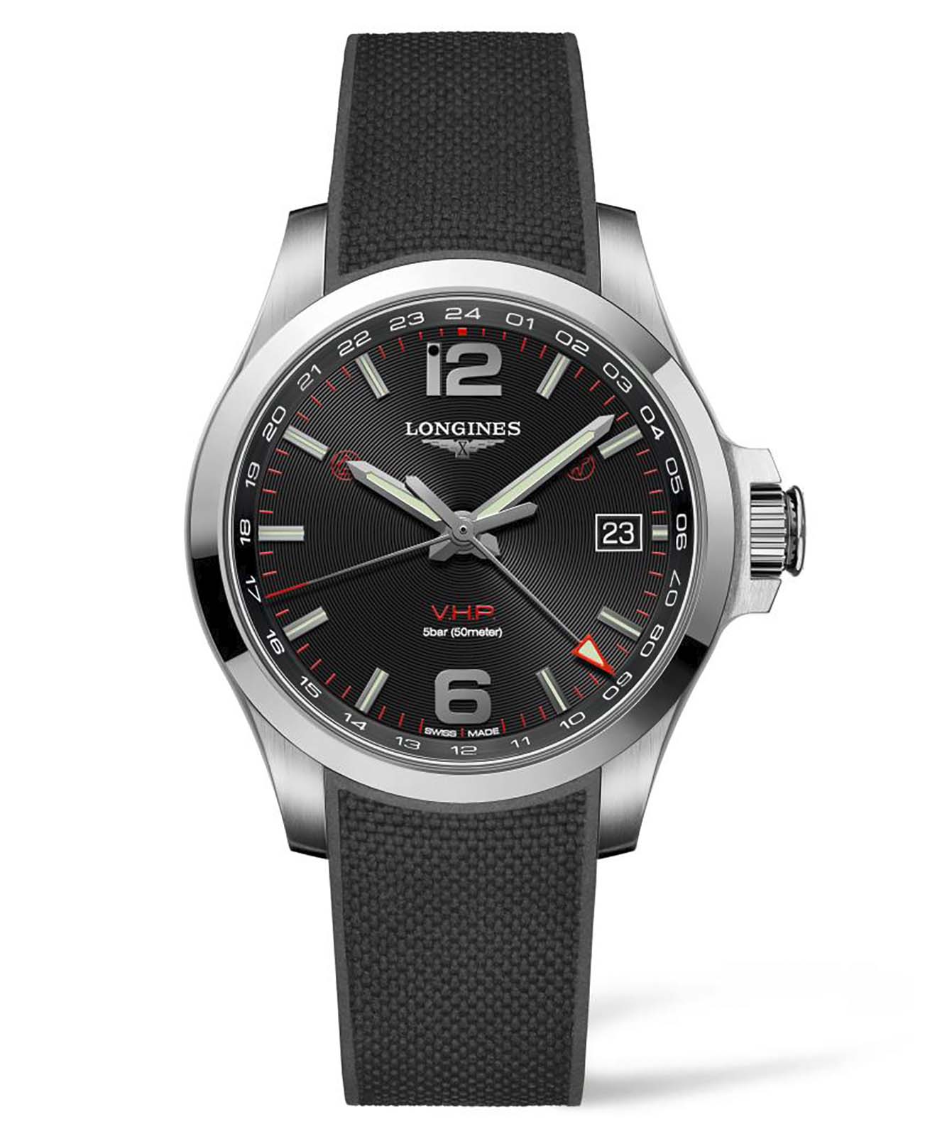 Longines Longines Conquest V.H.P. L3.718.4.56.9  L37184569 кварцевые мужские часы черный циферблат, браслет каучук — вид спереди